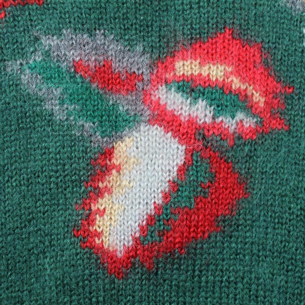 Vintage 90s Mohair Cardigan Sweater Shawl Collar Ribbed Knit Green Leafs Pockets - Picture 5 of 12
